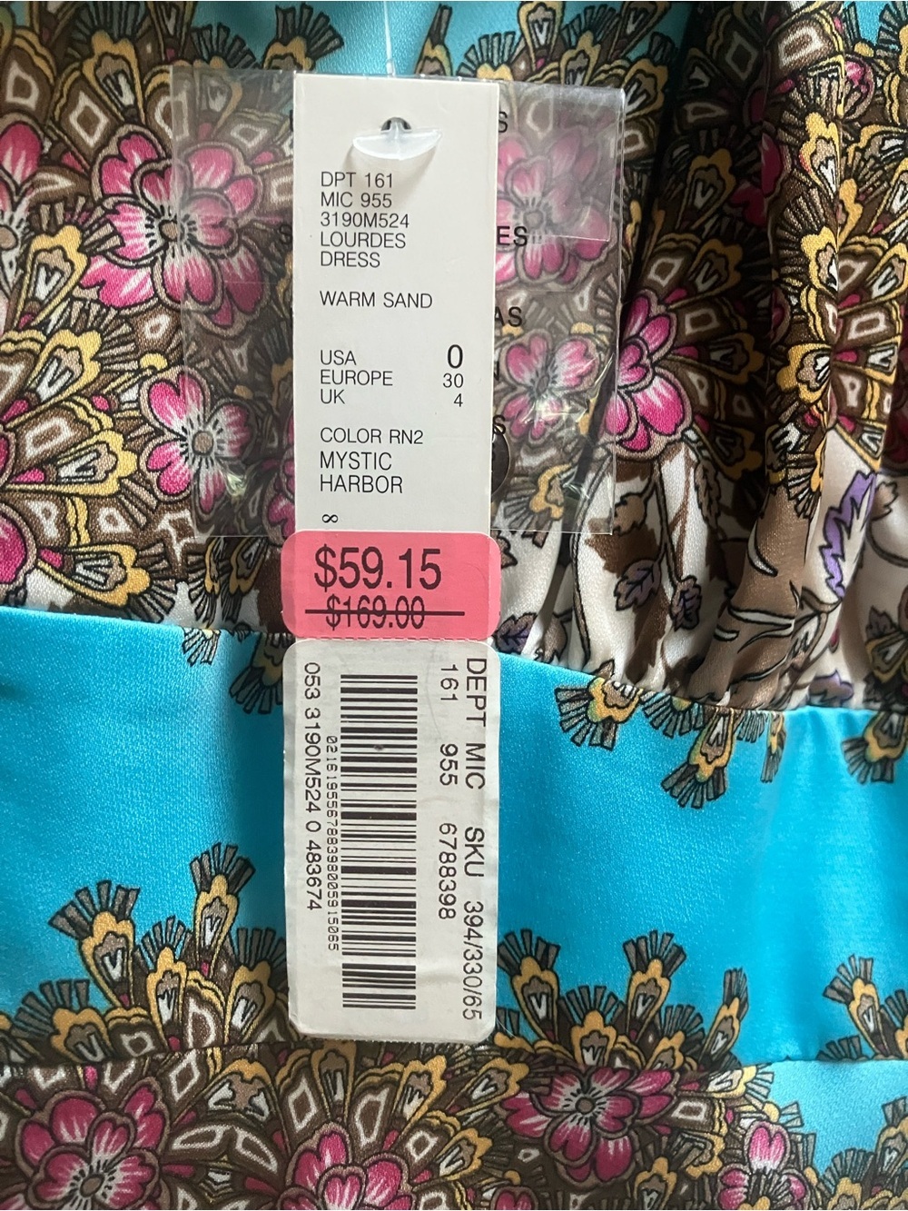 NWT ANTONIO MELANI Turquoise, Cream & Brown Floral Asymmetrical Dress Size 0 - Picture 3 of 4